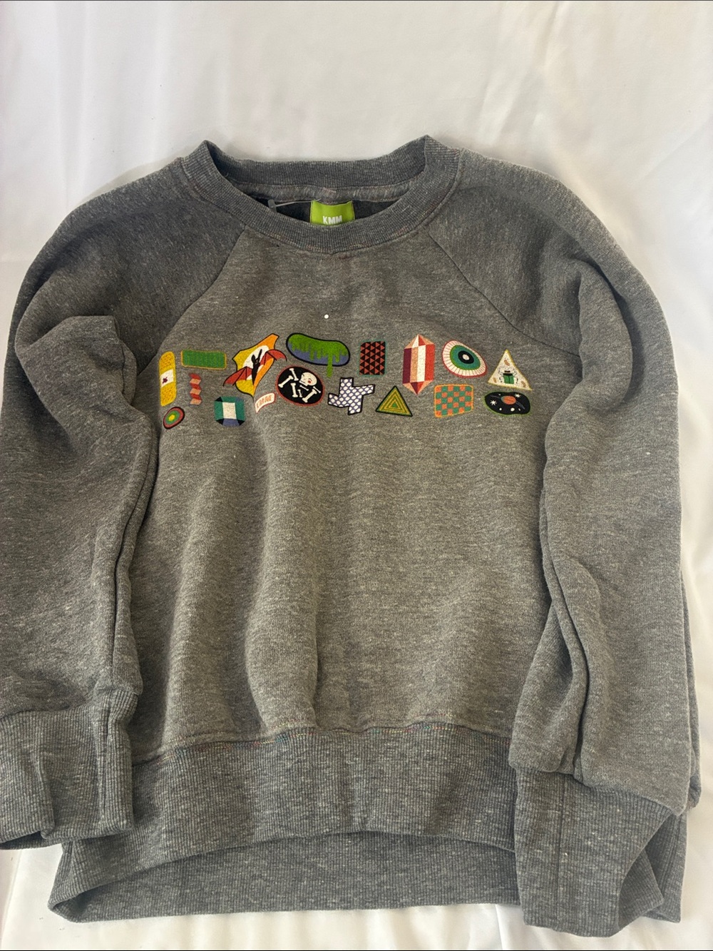 KMM Kids Gray Crewneck Sweatshirt with Colorful Patch Motif